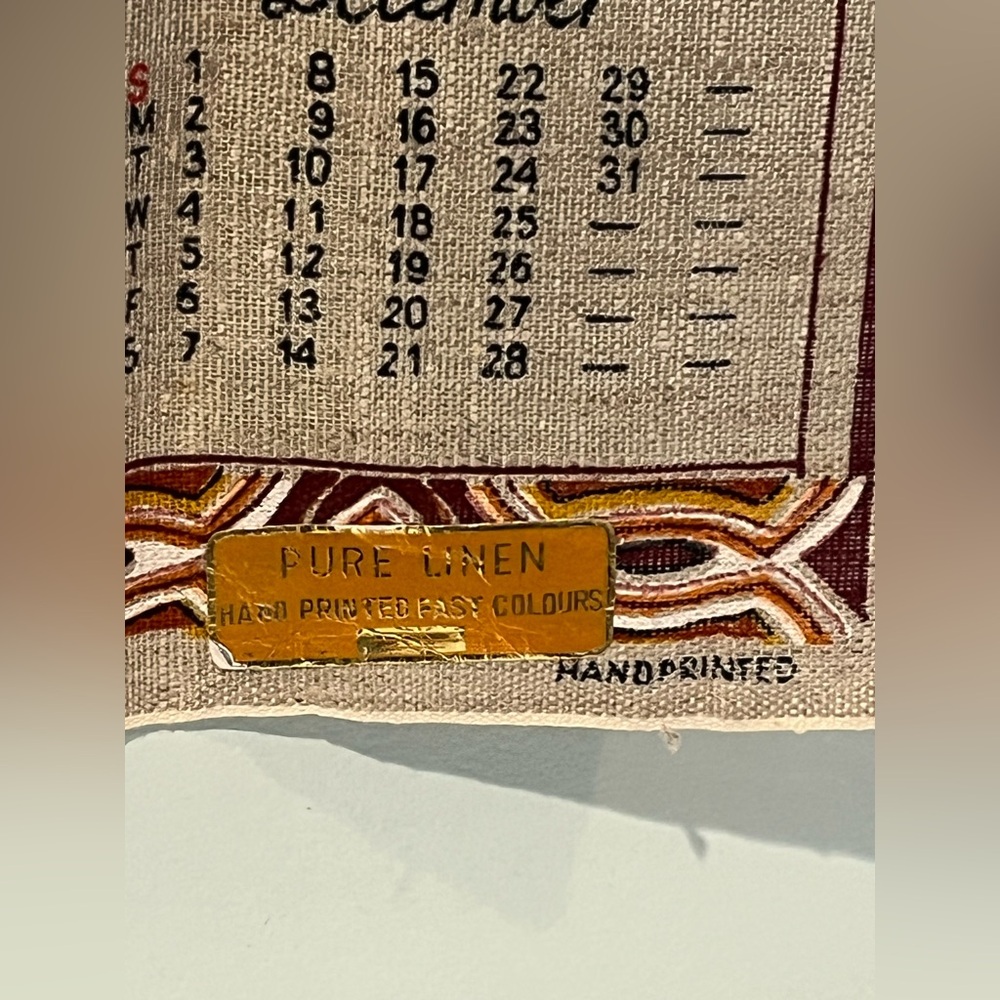 Vintage Aboriginal Art 1974 Calendar Tea Towel in Brown and Tan Pure Linen - Picture 5 of 10